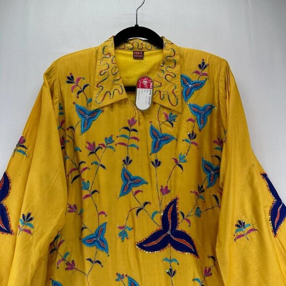 India Home Textile Dress Womens Sz M Golden Yellow Long Sleeve Lined Embroidered - Picture 3 of 12